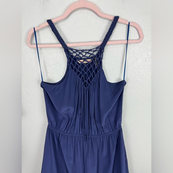 Rebecca Taylor Dark Clay Blue Purple Crochet Knit Halter Neck Maxi Silk Dress - Picture 2 of 6